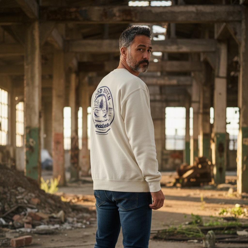 Man wearing a white sweatshirt with a logo in an industrial setting